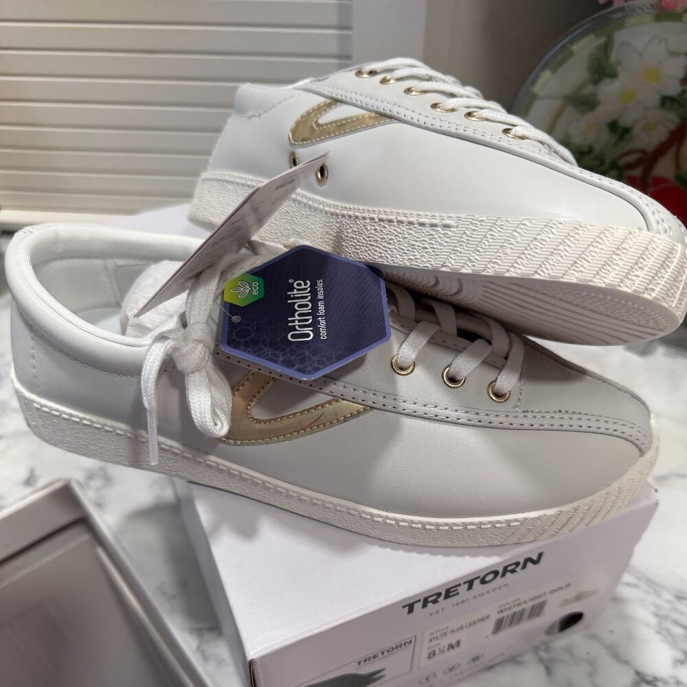 Gold and White leather, Size 8.5 Tretorn shoes for sale! Never worn in box.